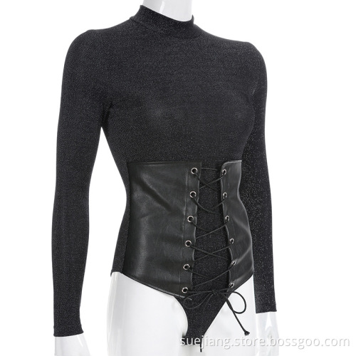 Long Sleeve Casual Bodysuit with PU belt